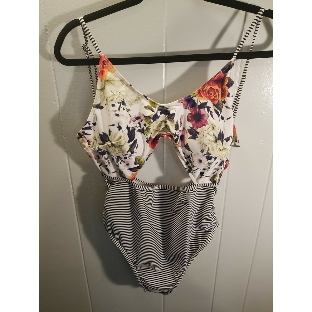 Cupshe Womens L Black/White Striped Floral One Piece Swimsuit Coastal Beachy